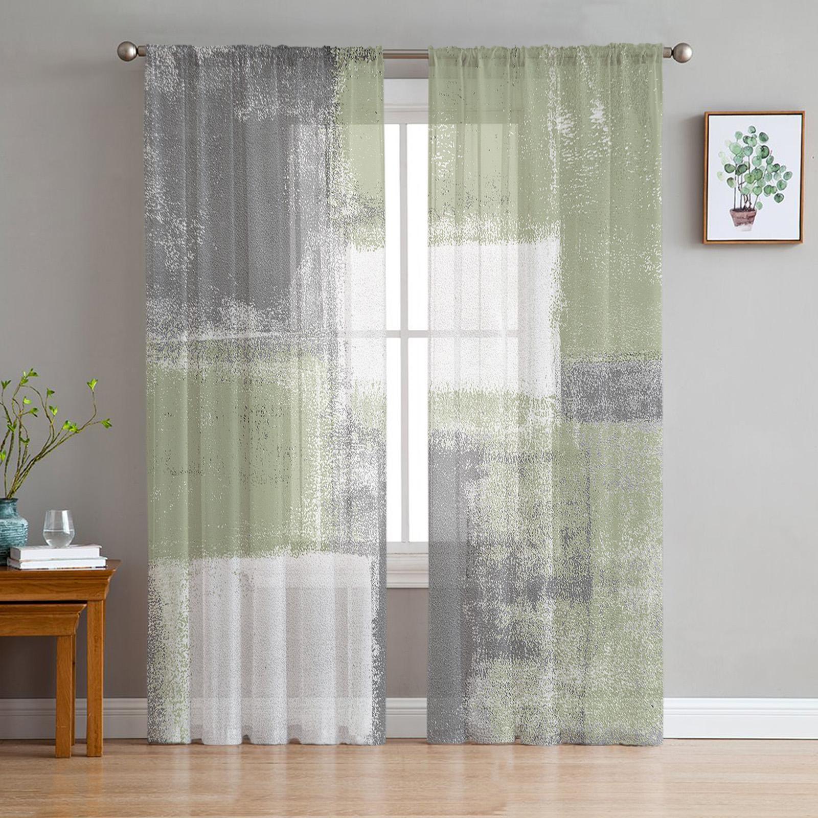 Türkisfarbene Vorhänge im Ölgemälde-Stil, Vintage-Kunst, transparente Vorhänge für Wohnzimmer, Dekoration, Fenstervorhänge, Küche, Tüll-Voile-Vorhänge W135 x H115cm x1&Rod Pocket