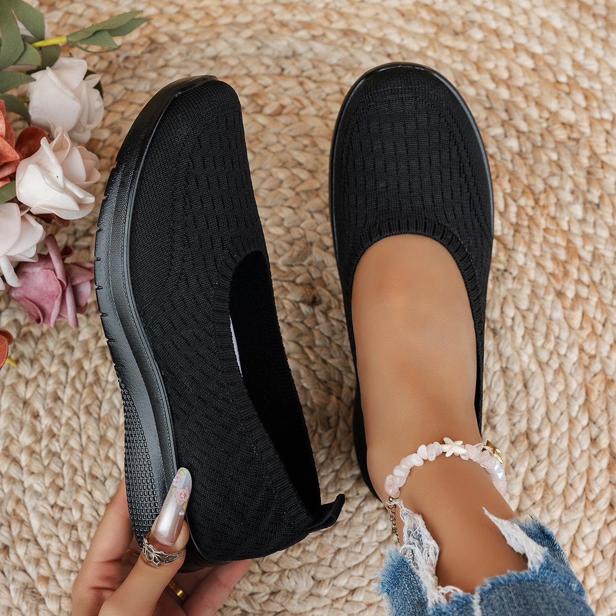 Damen Strickschuhe mit flacher runder Zehenpartie, Damen einfarbige Slip-On Walking Mesh Schuhe, Atmungsaktive Damen Alltagsschuhe 37 schwarz