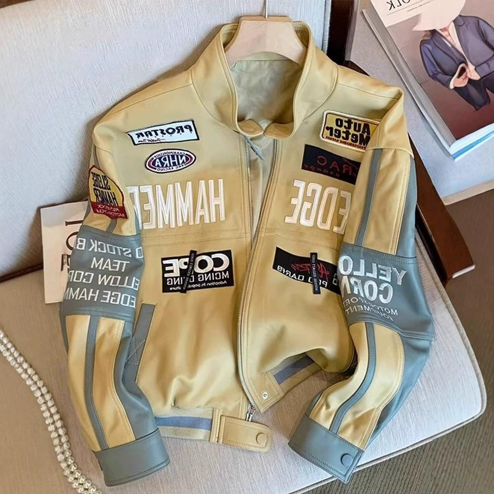 Europäische und amerikanische Motorrad-Lederjacke, strapazierfähige bestickte Baseballjacke, Herren- und Damen-Herbst- und Winter-Loose-Jacke XXL khaki