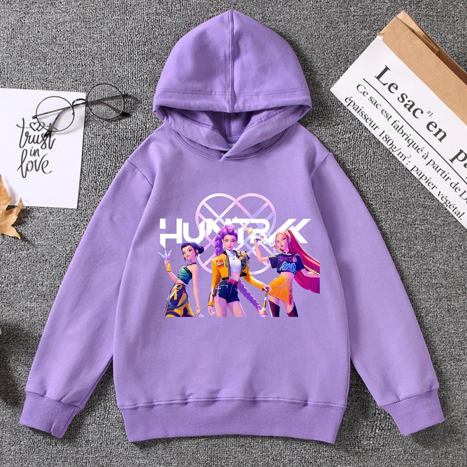 KPop Dämonenjäger Hoodie für Kinder Kawaii Cartoon Kleidung Mode Lila Kapuzenpullover Kleidung Anime Dünnes Sweatshirt Oberteile Kinder Geschenk 130