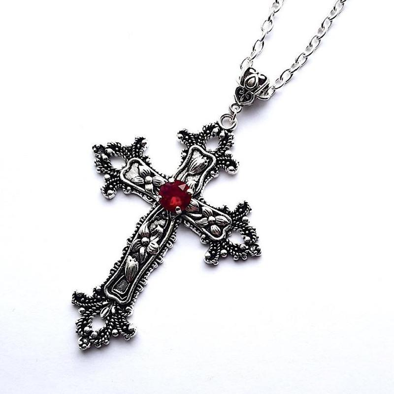 Kreuz Diamant Anhänger Schmuck Halskette Silber Ton Gothic Punk Schmuck Mode Glamour Statement Frauen Geschenke rot