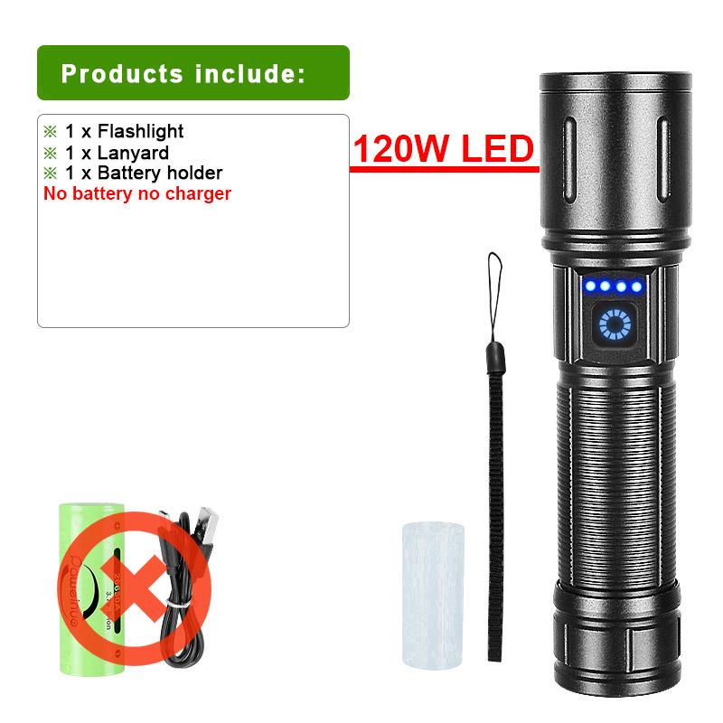Super Hochleistungs-LED-Taschenlampe, 300000 lm, starkes Licht, Taschenlampe, 120 W, wiederaufladbare LED-Lampe, große Reichweite, Blitzlicht, wasserdichte Laterne A-Without battery