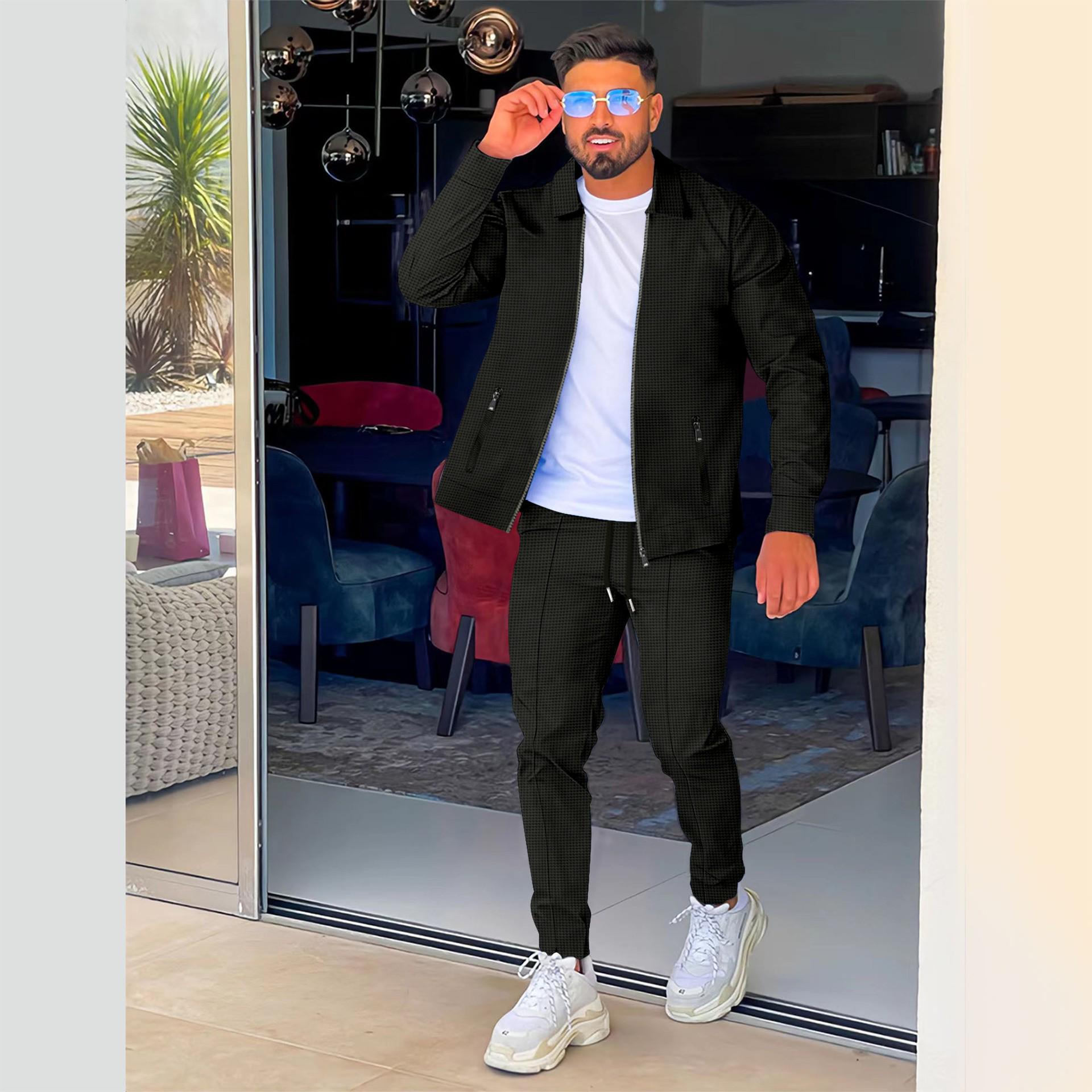 Neuer Anzug aus Waffeljacke und -hose für Herren – europäischer und amerikanischer, lässiger, vielseitiger Stil M schwarz