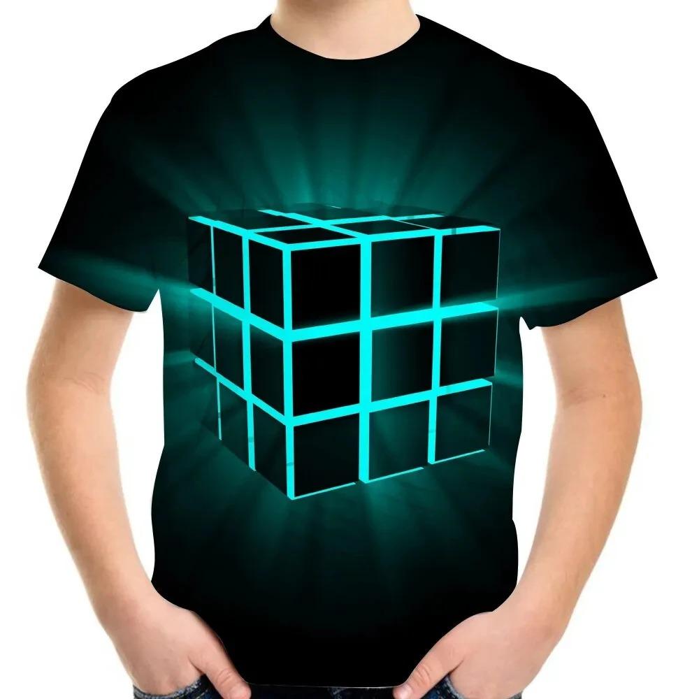 Jigsaw Cube 3D-Druck T-Shirt Mode Zauberwürfel Muster T-Shirt Sommer Jungen Mädchen T-Shirts Streetwear Tops Kinderkleidung 110