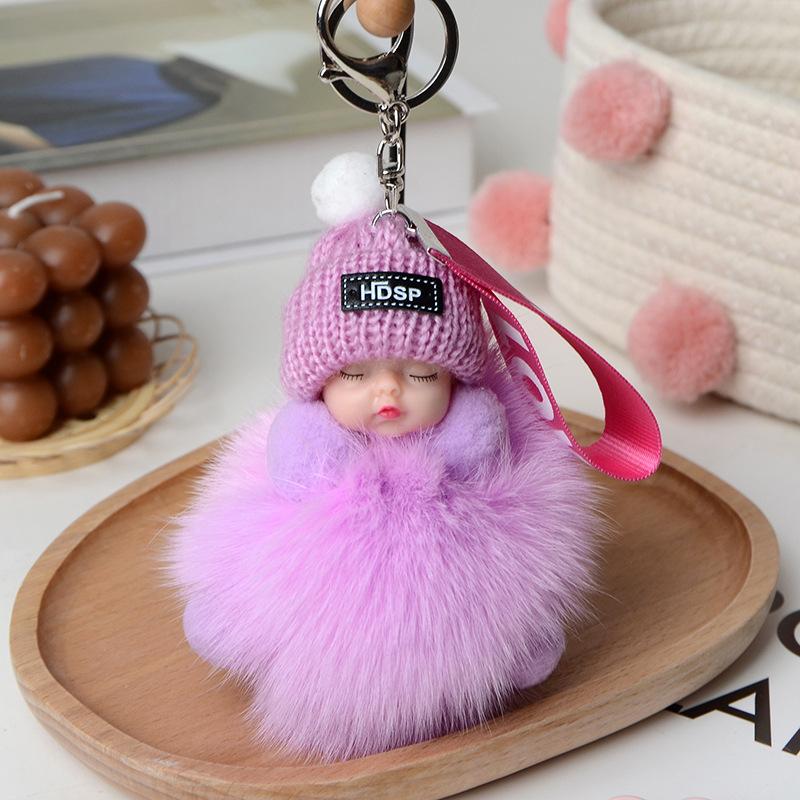 Neue Mode Nette Frauen Tasche Anhänger Plüsch Anhänger Schlaf Puppe Auto Schlüsselbund Anhänger Weihnachten Geschenk licht lila