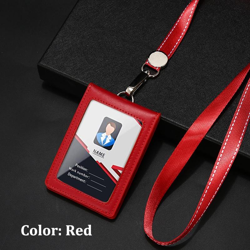 Ausweishalter aus echtem Leder, Schlüsselanhänger, Geldbörse, Umhängeband mit drehbarem Haken für Karten, Visitenkarten, Abzeichen, Buskarten, Zugangskarten, Ausweise rot