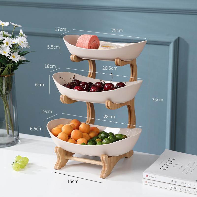 Tischteller, Geschirr, Küche, Obstschale mit Böden, unterteilte Süßigkeiten-Kuchentabletts, Holzgeschirr three layers beige