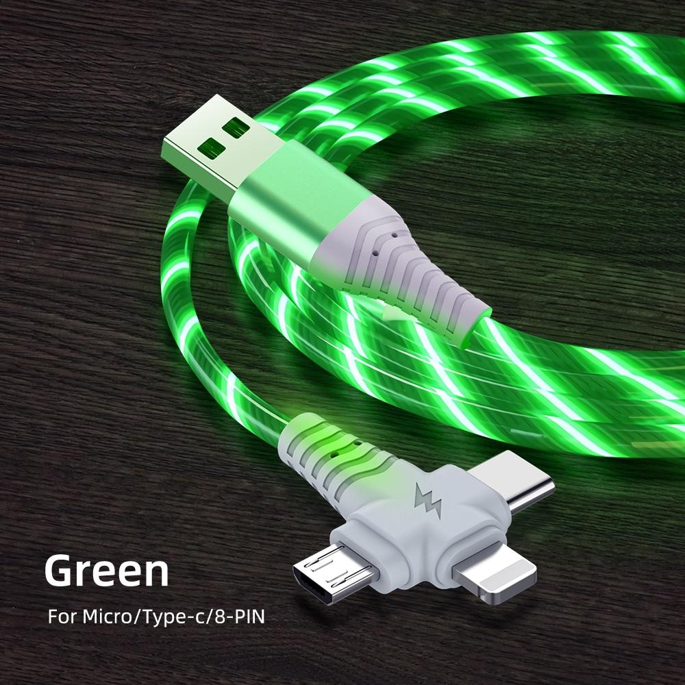 3in1 Flow Luminous Lighting USB-Kabel für iPhone 12 11 Pro 3 in 1 2in1 LED Micro USB Typ C 8Pin Ladegerät Kabel für Huawei Xiaomi Samsung 1m grün