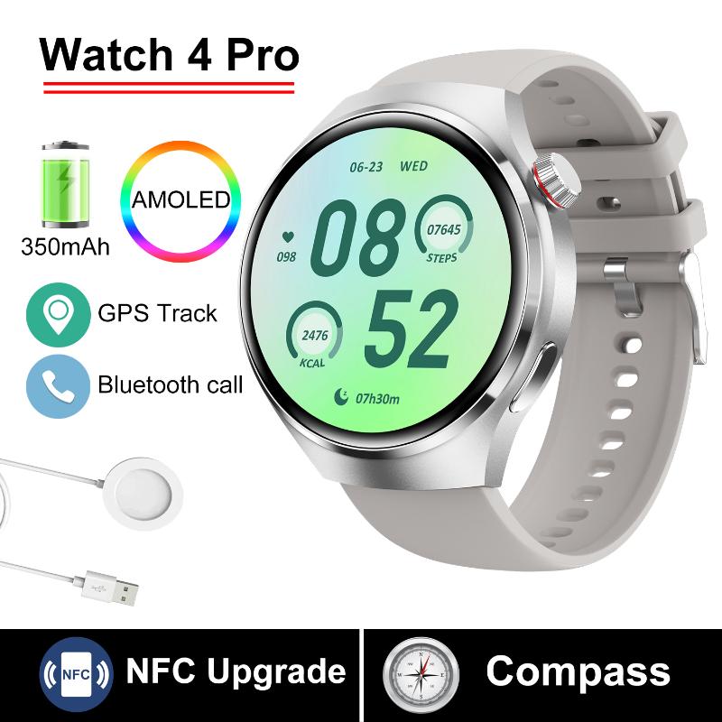 2025 Neue WATCH 4 Pro Gesundheits-Smartwatch Herren 360*360 AMOLED-Bildschirm NFC GPS-Tracker Kompass BT-Anruf Blutsauerstoff IP68 Sport-Smartwatch Silicone belt silber