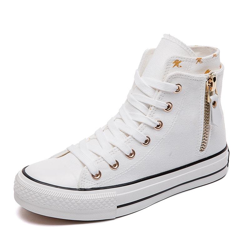 Mode 2025 Frühling Sommer Neue Riemchen Flache Mid-Top Canvas Schuhe Seitenreißverschluss Damen Sneakers Mode Freizeitschuhe Studenten Stoffschuhe 37 weiß