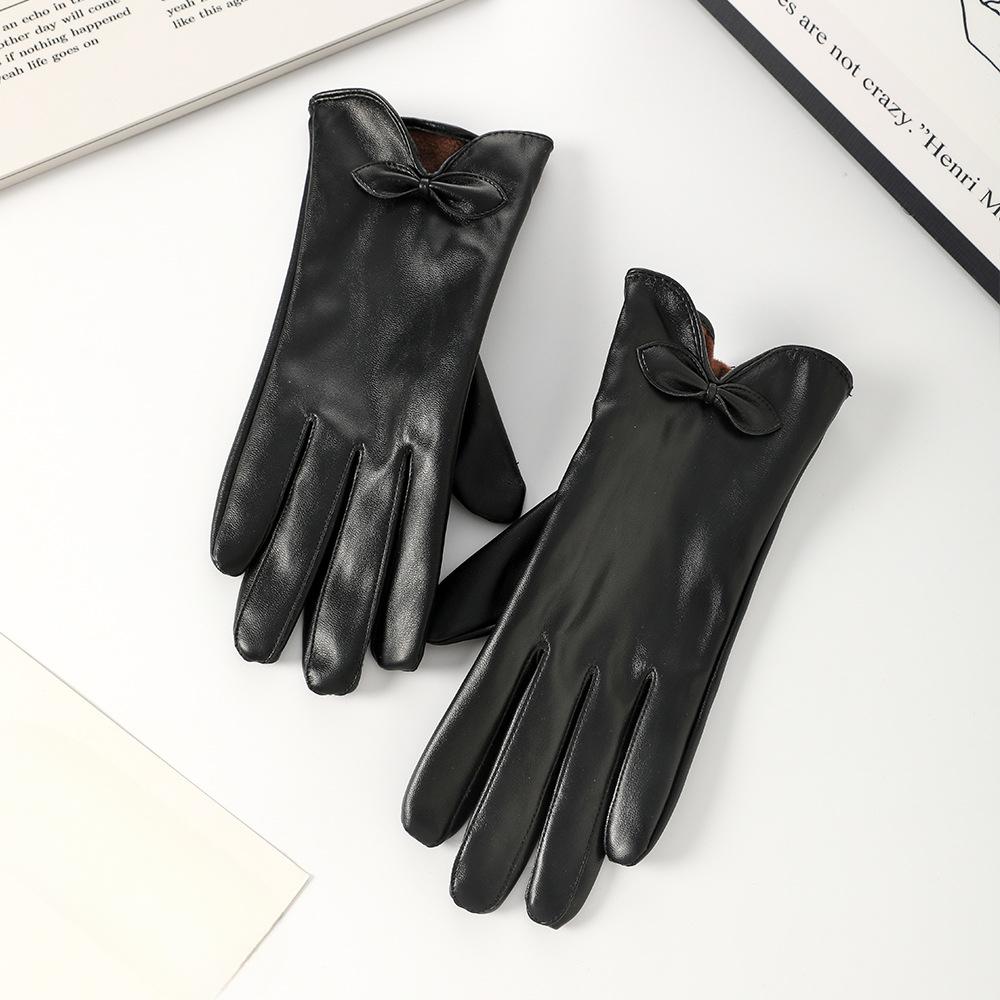Lederhandschuhe für Damen im Winter, plus Samt verdickt, für Outdoor-Wärme und modisch, winddicht und kältebeständig, Outdoor-Reithandschuhe aus PU one size black