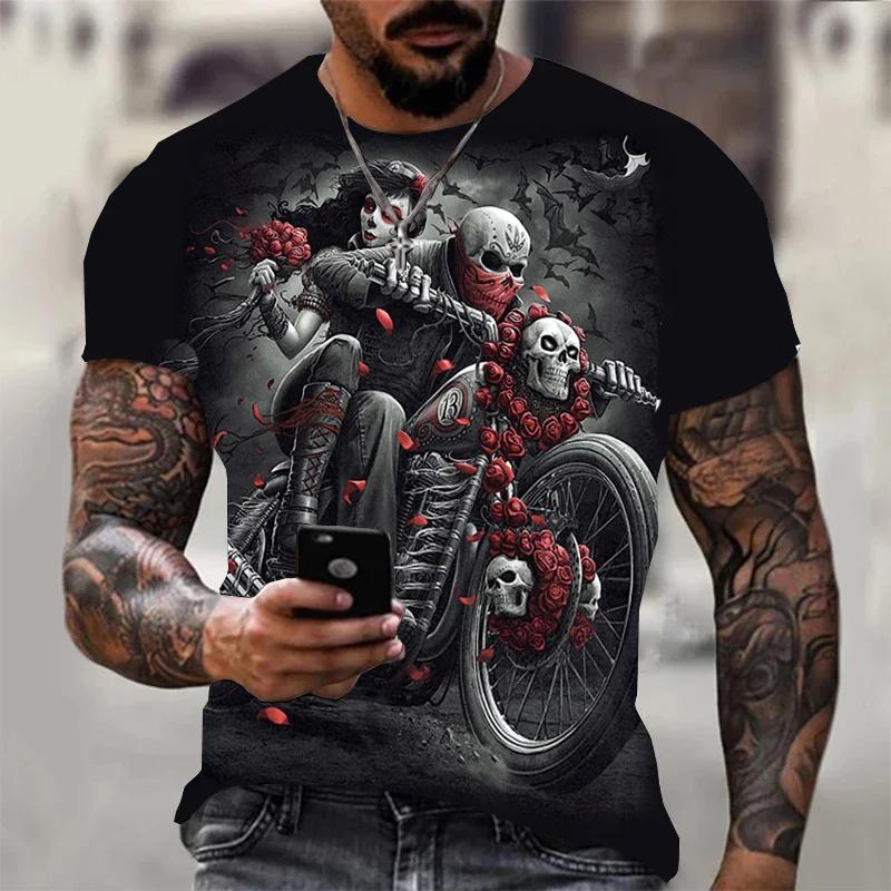 Vintage T-Shirt für Herren 3D Totenkopf Motorradfahrer Print Kurzarm Tops Sommer Casual T-Shirt Übergroßes T-Shirt Herren Kleidung L