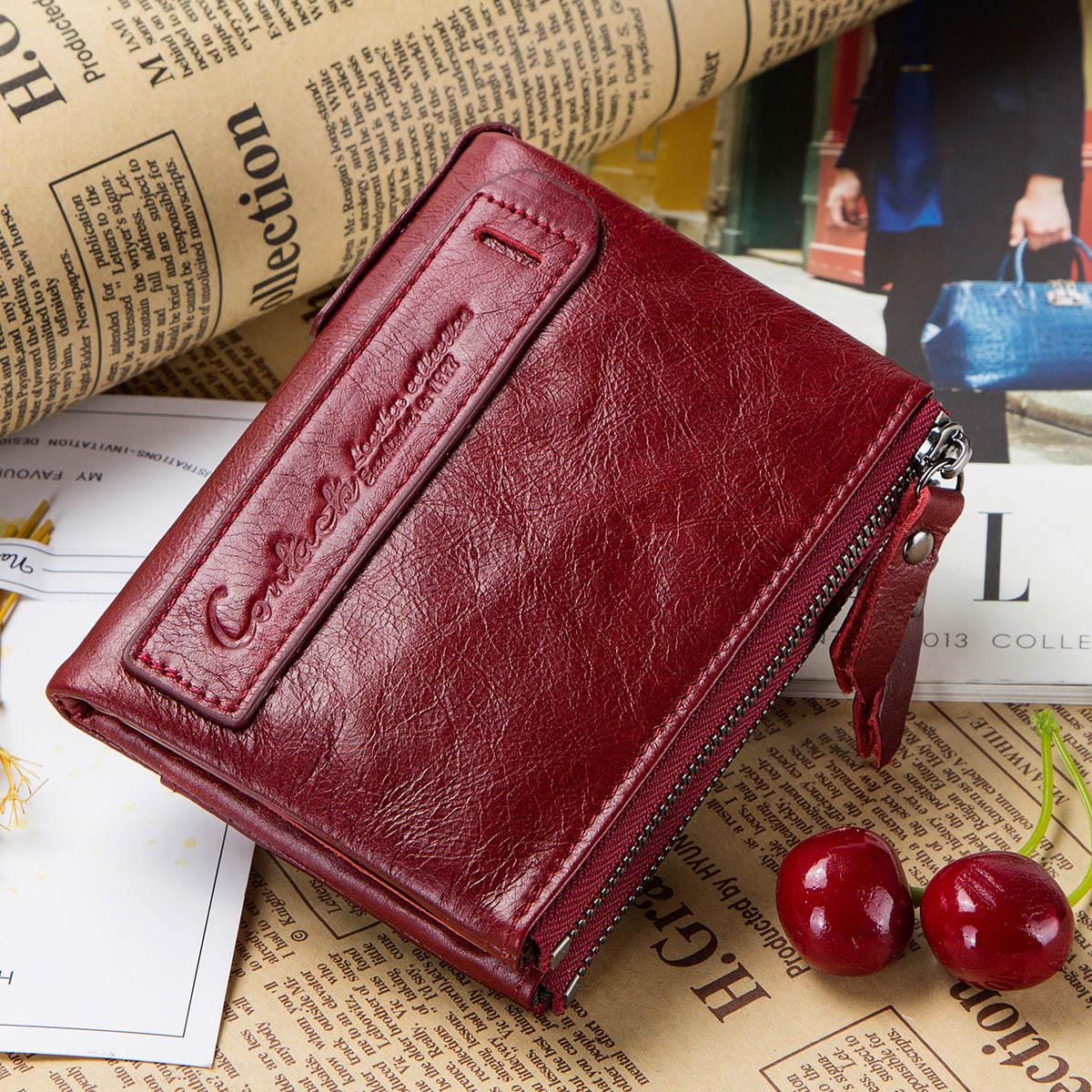 CONTACT'S Modische Damen-Geldbörse aus echtem Leder, Ausweishalter mit Doppelreißverschluss, kleine Damen-Geldbörse rot