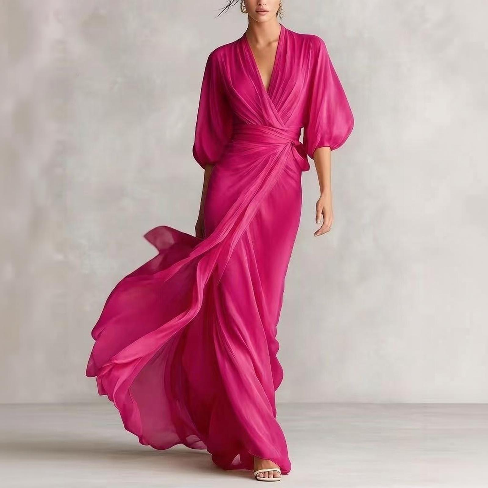 Damen Durchsichtiges Chiffon-Wickelkleid mit Puffärmeln Elegantes bodenlanges Abendkleid mit fließender Silhouette und gerafftem Taillendetail XL heißes rosa