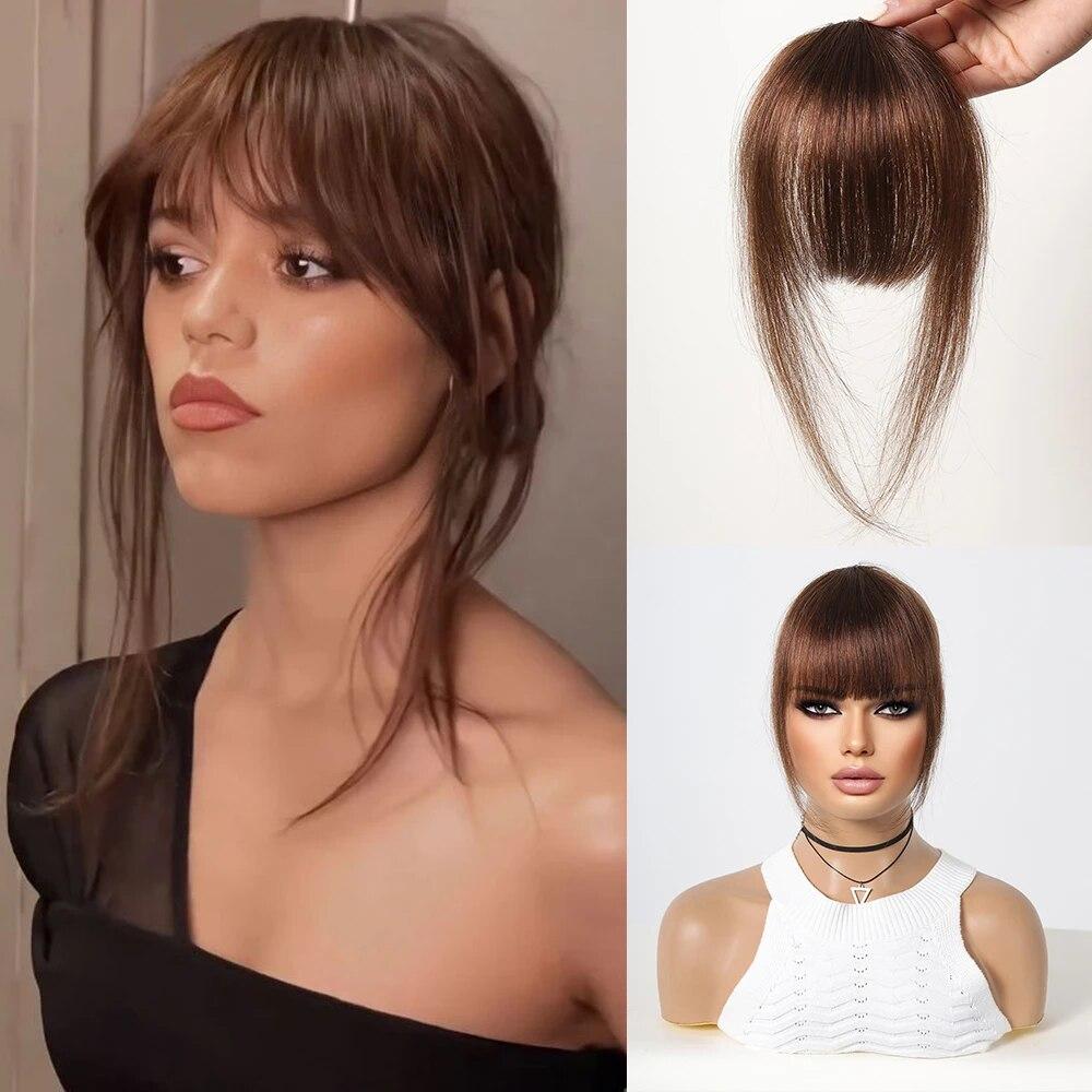 HAIRCUBE 100 % Echthaar-Pony-Overhead-Clip-in-Haarverlängerungen, braune Naturhaare, zarte Pony-Fransen-Haarteile für Frauen in Air Bangs