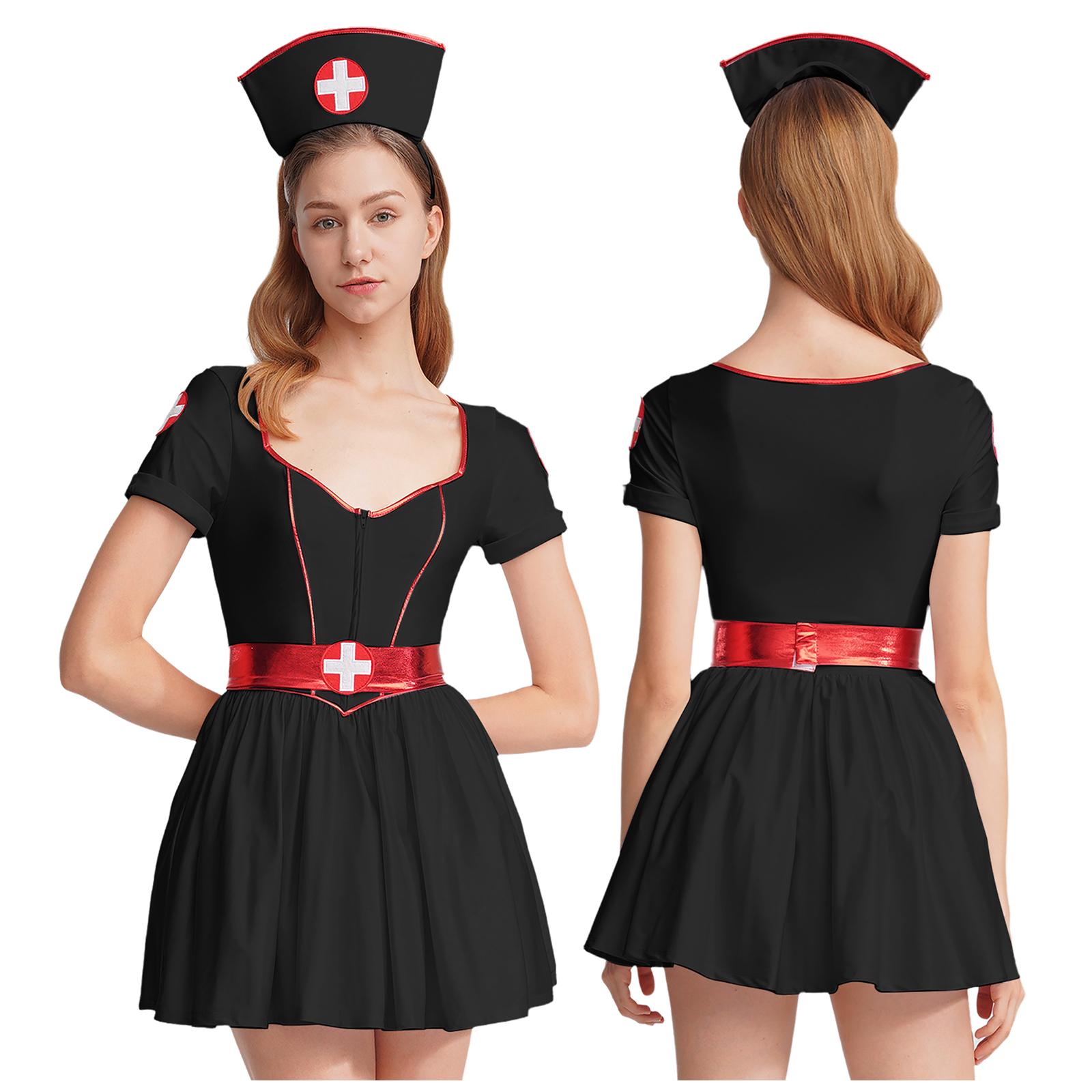 Damen Krankenschwester Cosplay Kostüm Uniform Kurzarm Kleid mit Stirnband und Gürtel Halloween Outfit 3XL schwarz