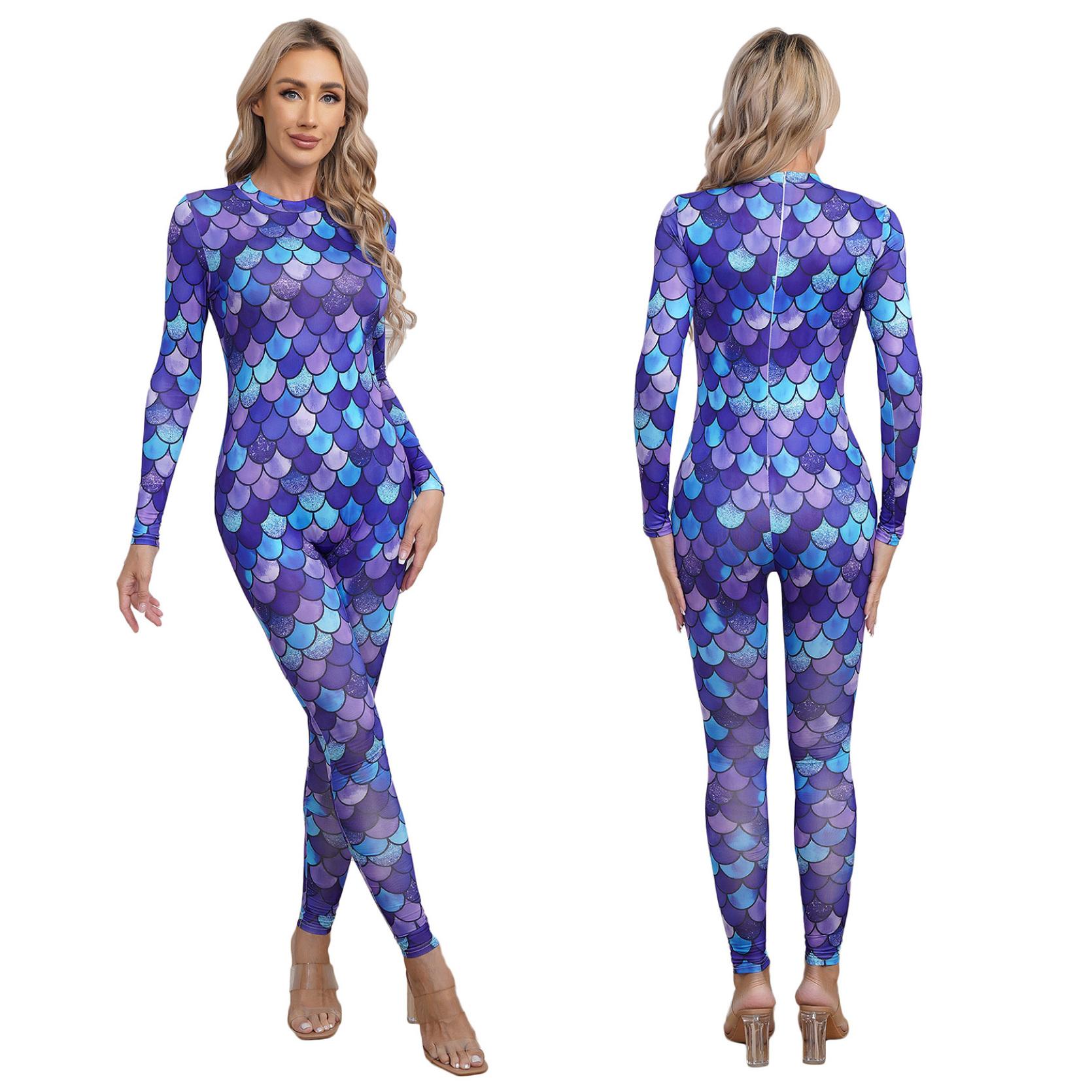 Damen Meerjungfrau Kostüm Fischschuppen Druck Overall Ganzkörperanzug Karneval Party Overall Halloween Kostüm M navy blau