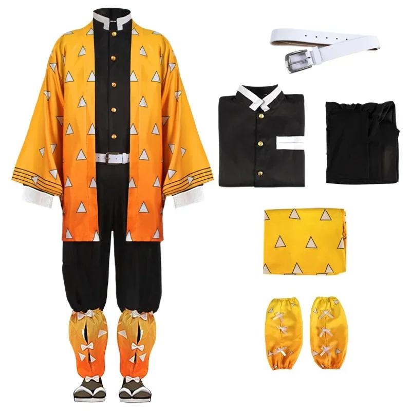 Anime Demon Slayer Agatsuma Zenitsu Cosplay Kostüm Cartoon Kimetsu No Yaiba Zenitsu Kostüm Sutis Perücken Halloween für Kinder Erwachsene XXXL&Cos