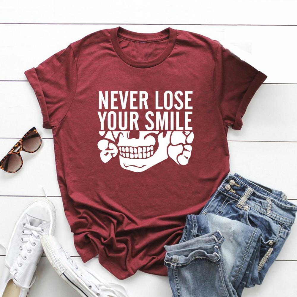 Verliere nie dein Lächeln T-Shirts Verliere nie dein Lächeln Totenkopf Lustiges T-Shirt Männer Frauen Kurzarm Rundhals T-Shirt Streetwear T-Shirt S bordeaux
