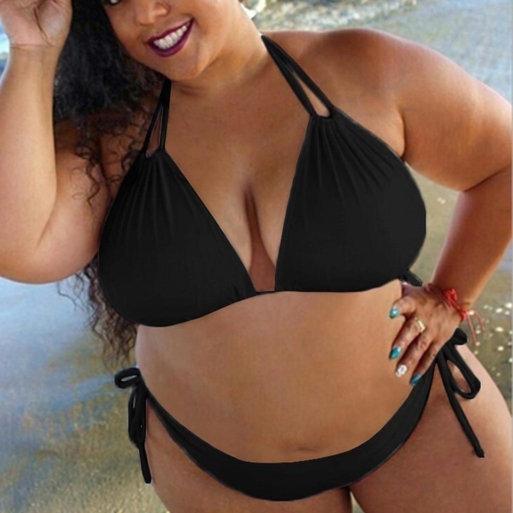 Sexy Plus Size Badeanzug Bikini Set Damen Einfarbig Schnürhalter Badeanzug Bikinis Solid Black White Wine Red Bademode 3XL schwarz