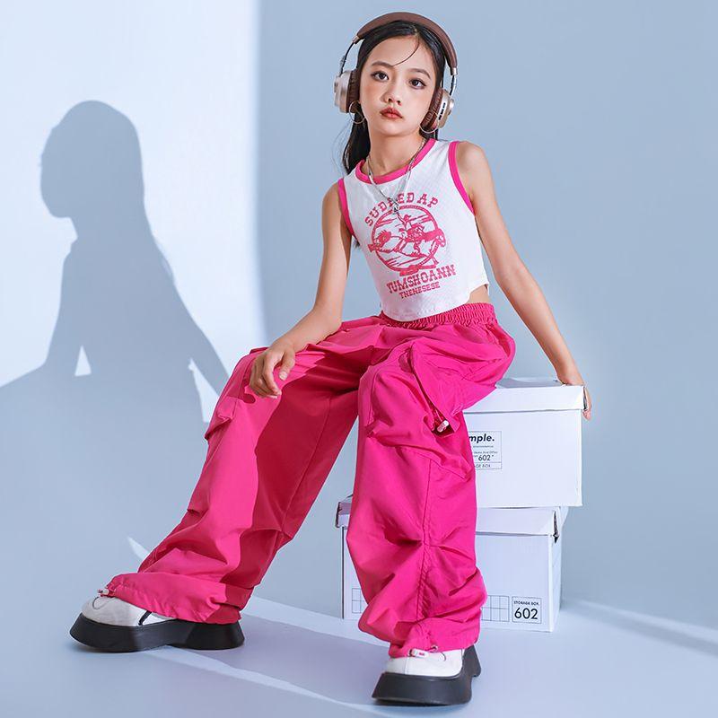 Kinder Hip Hop Joggers Hosen Mädchen Cargo Hosen Teenager Gerade Hose Hohe Taille Vintage Casual Streetwear Baggy Hosen 150cm rose rot