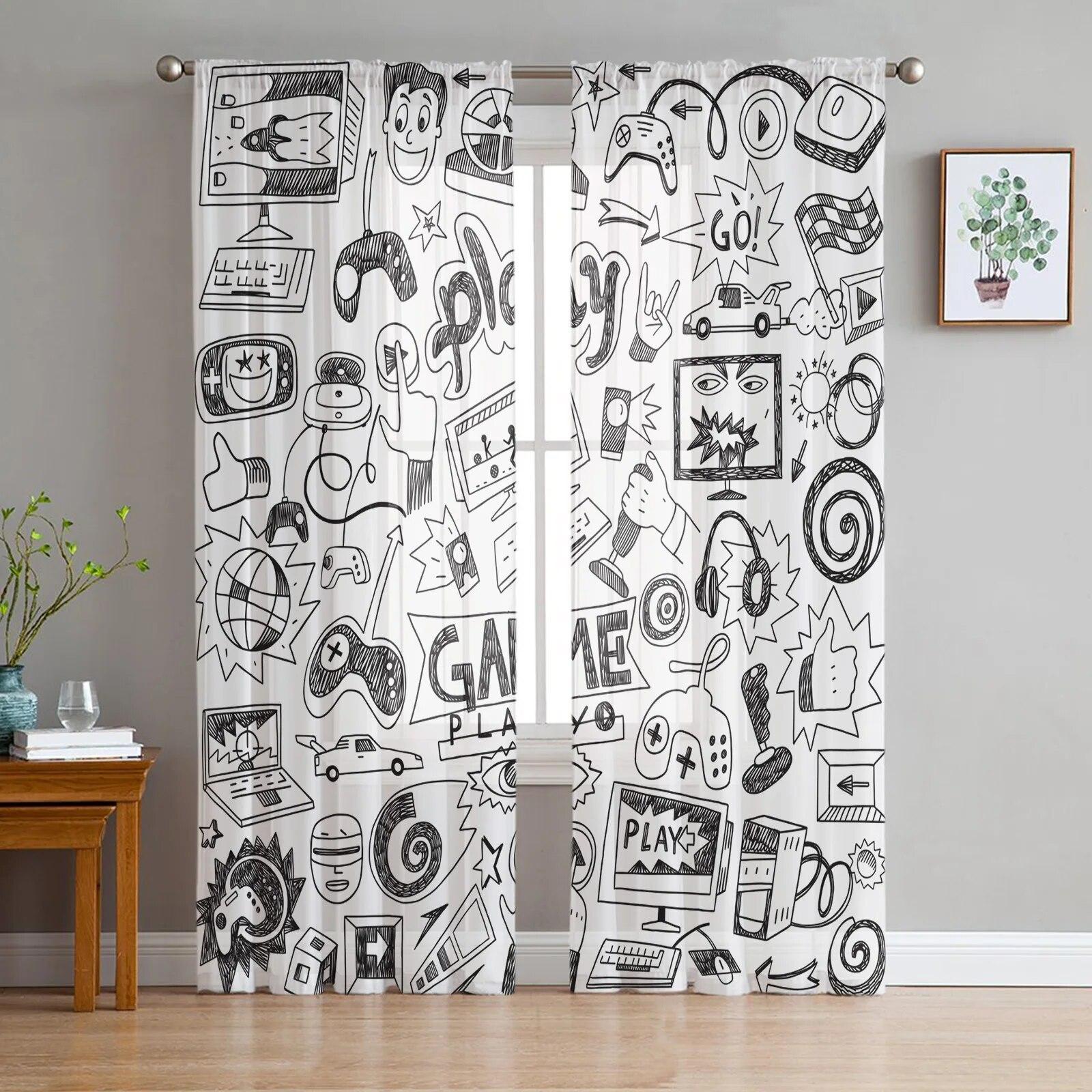 Spielen Sie Spiel Schwarz Weiß Cartoon Graffiti Tüll Vorhänge für Wohnzimmer Vorhänge Fenster Sheer Moderne Vorhänge für Schlafzimmer Dekor 135W x 114H(cm)