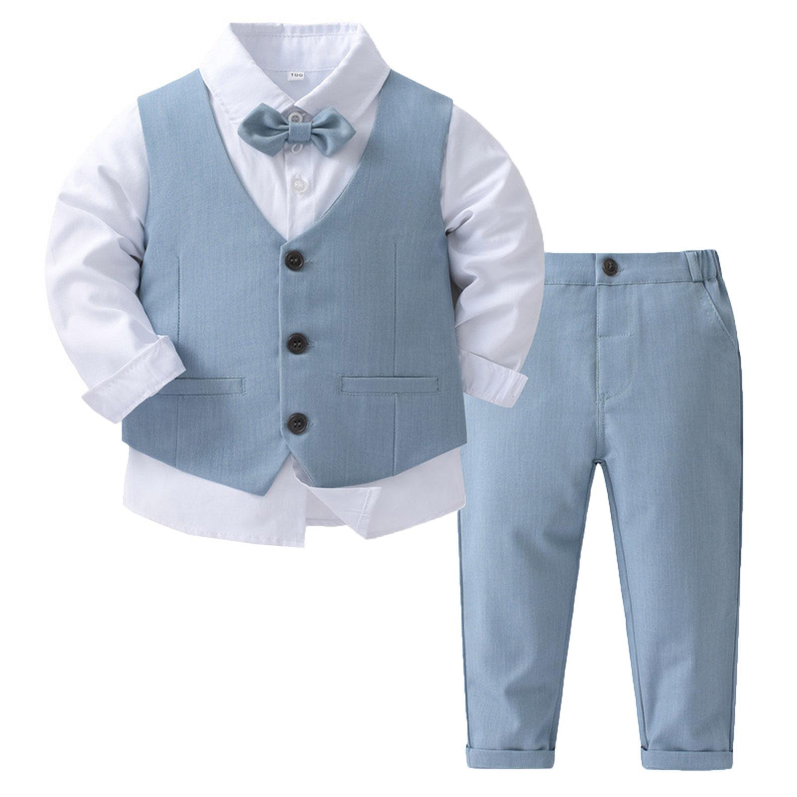 Jungenanzüge Gentleman Smoking Fliege Hemd Anzug Weste Hose 3-teilig Schicke Kleinkind Babykleidung für Taufe Geburtstagsfeier 9-12 Months hellblaue