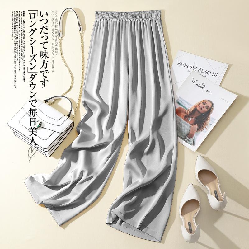 Eis Seide Weite Hosen Damen Sommer Elastischer Bund Satin Gerade Hosen Uni Lässig Locker Acetat Damen Hosen S silber grau