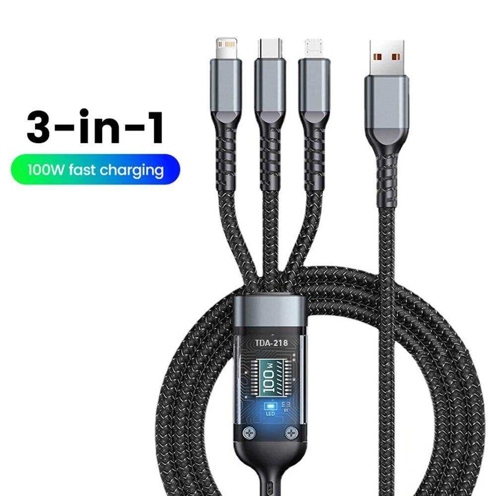 3 in 1 100W 1,2M Schnellladekabel USB Typ C Kabel für iPhone Realme Samsung Huawei 50 pro Micro USB C Lightning Ladegerät Ladekabel Draht schwarz