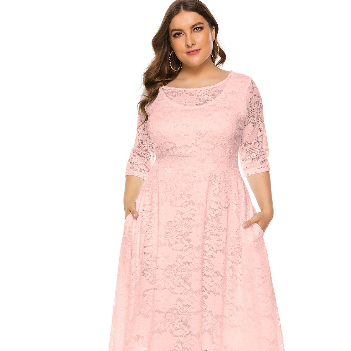 Plus Größe Xl-6xl Neue Mode Beliebte Abendkleid Mittlerer Länge Hohle Spitze Frauen Kleider Rot Weiß Schwarz Blau Grün Kleidung 5XL rosa