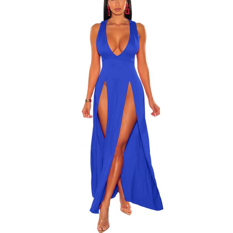 Neuheiten Damen Sexy High Split Kleider Ärmellos Tiefem V-Ausschnitt Hoher Schlitz Lange Party Bodycon Rote Sommerkleider XS blau