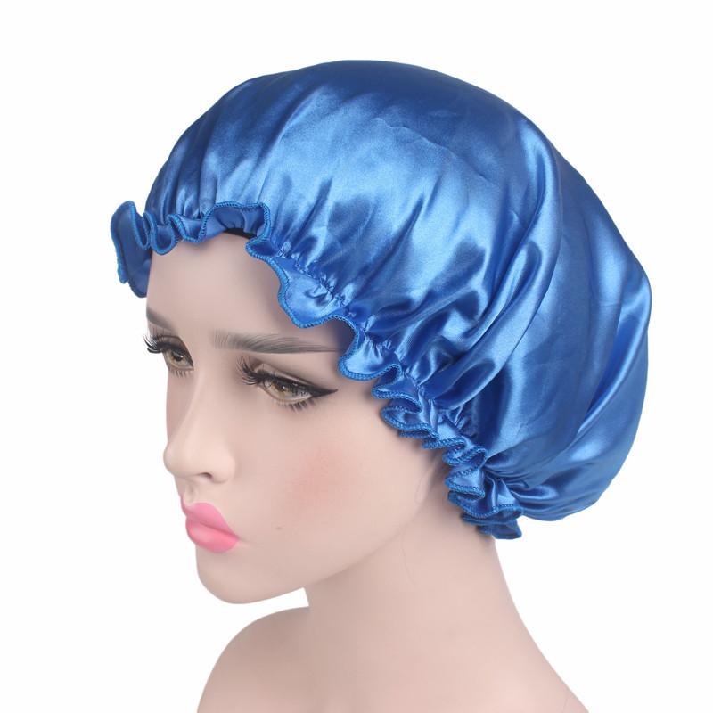 Frauen Seide Satin Nacht Schlaf Kappe Dusche Caps Haar Pflege Schönheit Motorhaube Hut Kopf Abdeckung Gummiband Badezimmer Dusche Caps blau