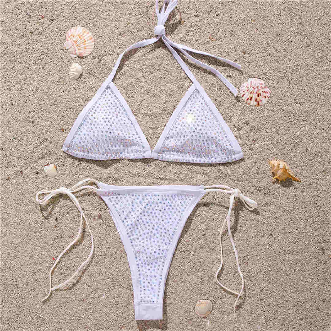 Bling Strass Bikini Weiblichen Badeanzug Frauen Bademode Zwei-stück Bikini set Halter Brasilianische Badende Badeanzug S weiß