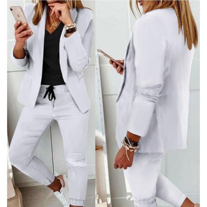 Damen Zweiteiliger Hosenanzug Set Outfits Frühling Herbst Umlegekragen Print Blazer Mantel Kordelzug Hose Anzug Damen Casual Sets L weiß
