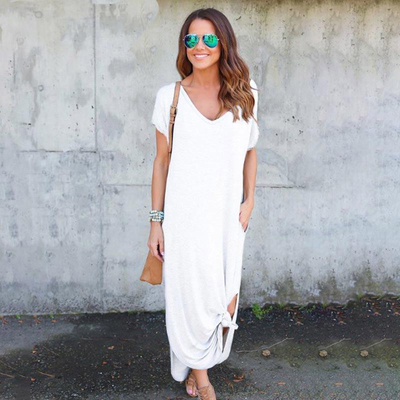 Plus Größe 5XL Sexy Frauen Kleid Sommer 2022 Feste Beiläufige Kurzarm Maxi Kleid Für Frauen Lange DressLady Kleider XXL weiß