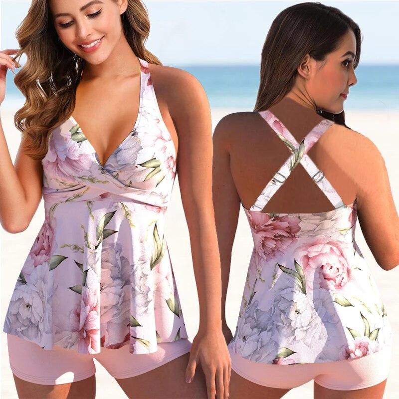 Frauen Floral Print Badeanzug Frauen Plus Größe Zwei Stück Drucken Swimdress 2024 Mädchen Strand Badeanzug Sommer Bademode Bikini 5XL XXL rosa