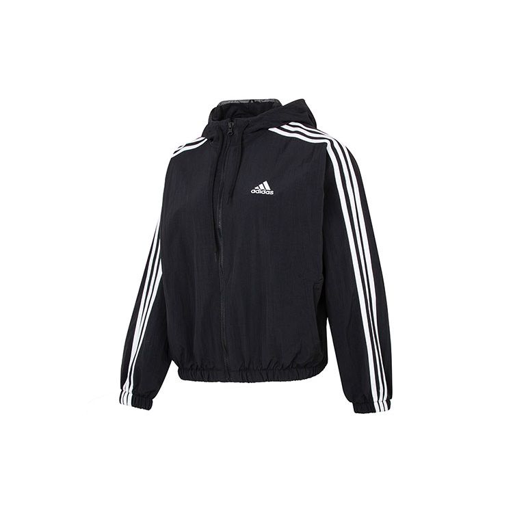 Adidas Logo Bestickter Streifenbesatz Kapuzen-Windbreaker Jacke Damen Jacke Schwarz HT3399 S