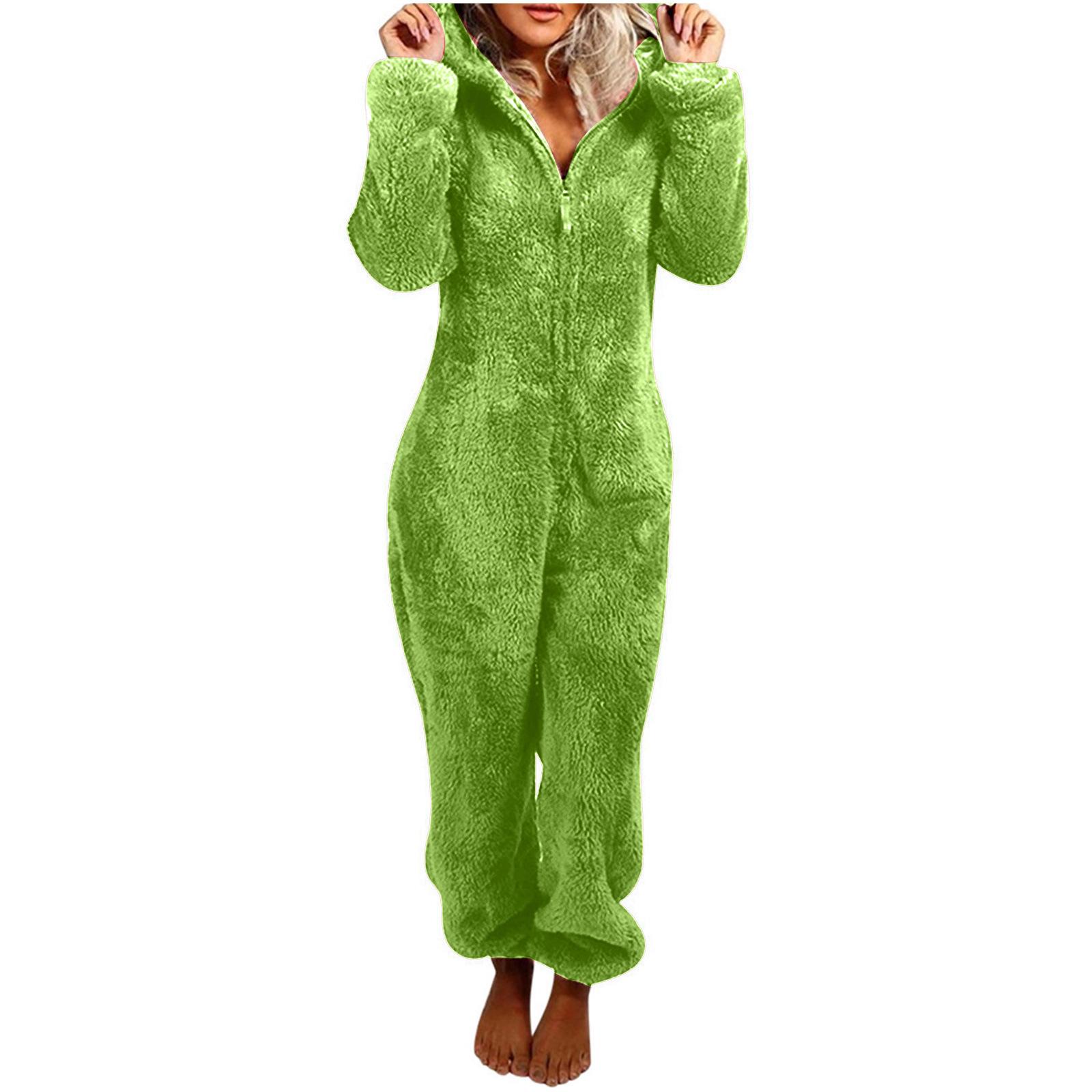 Modischer Onesies-Schlafanzug aus Fleece, Nachtwäsche, Overall, Übergröße, Kapuzen-Set, Schlafanzug für Damen und Erwachsene, für den Winter, warmer Pyjama für Damen XS dunkelgrüne