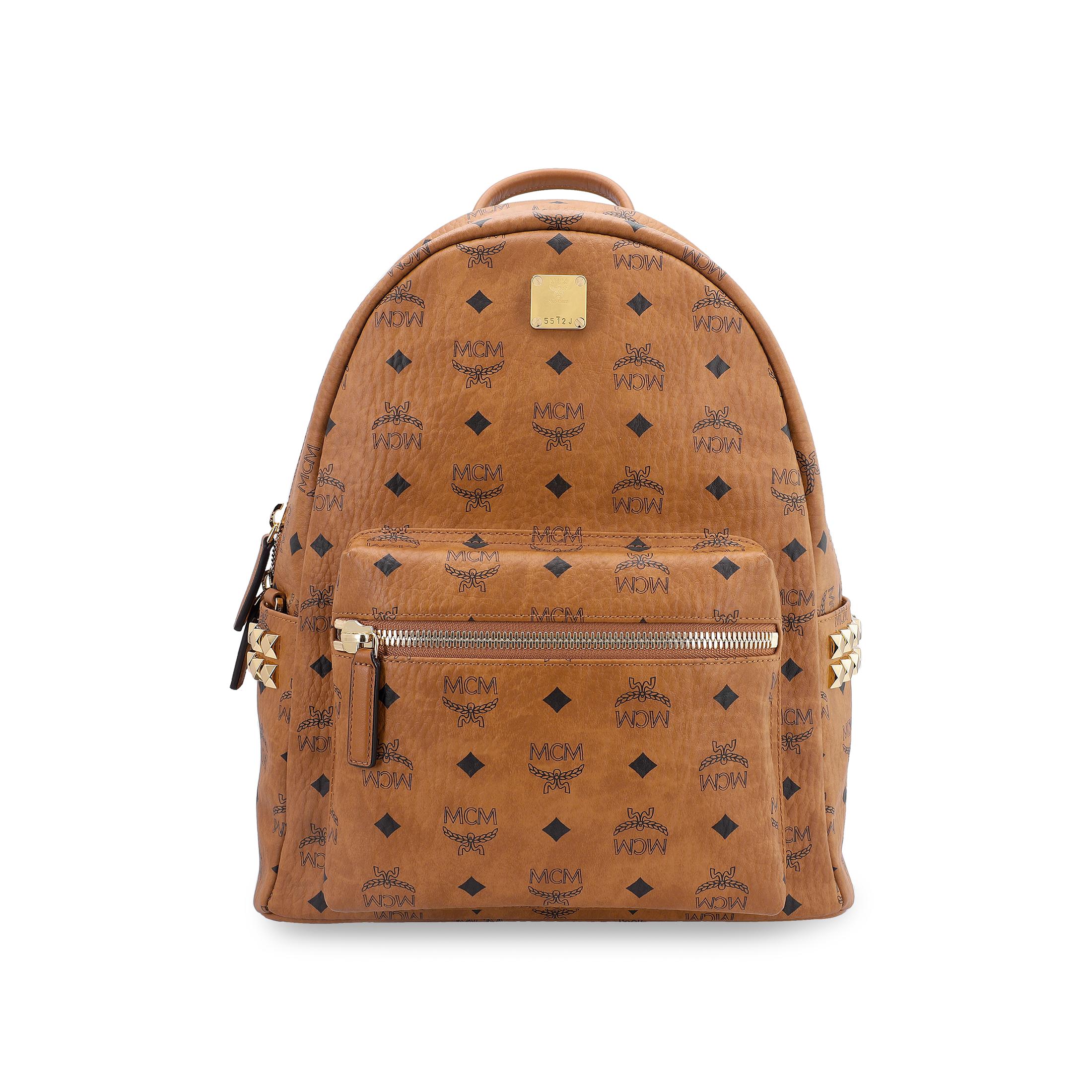 MCM Stark Visetos Nieten Monogramm Print PVC Leder Rucksack Unisex Rucksack Braun Cognac MMKAAVE32CO001 Basic Set (Bag+Dust Bag)