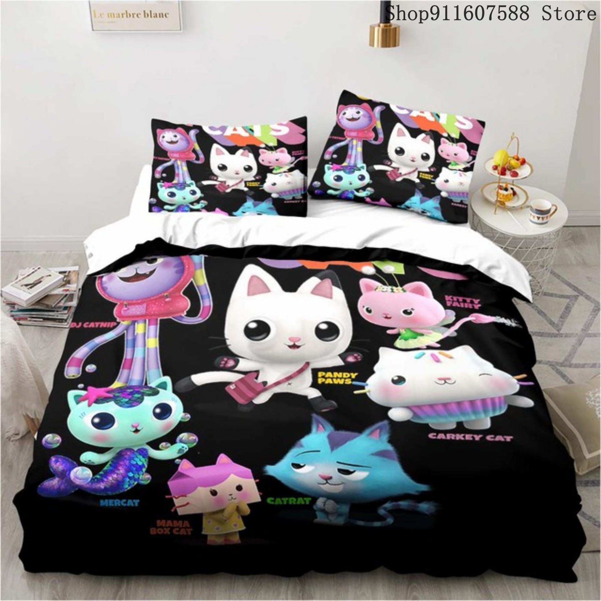 Gabbys Puppenhaus Bettwäscheset Kawaii Bettwäscheset Einzel-Doppelgröße Heimdeko für Mädchen Kinder Cartoon Niedliche Katze Bettbezugset EU Single135x200cm