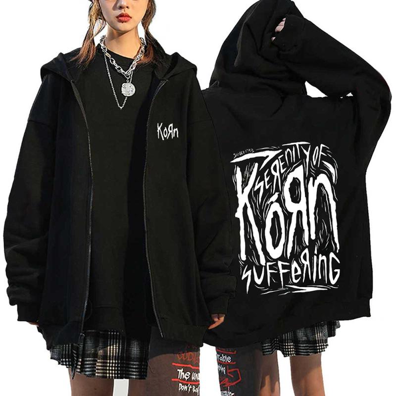 Korn Rock Band Print Zipper Hoodies Metal Musik Herren Zip Up Jacken Hip Hop Streetwear Sweatshirts Unisex Y2K Cardigan Mäntel L