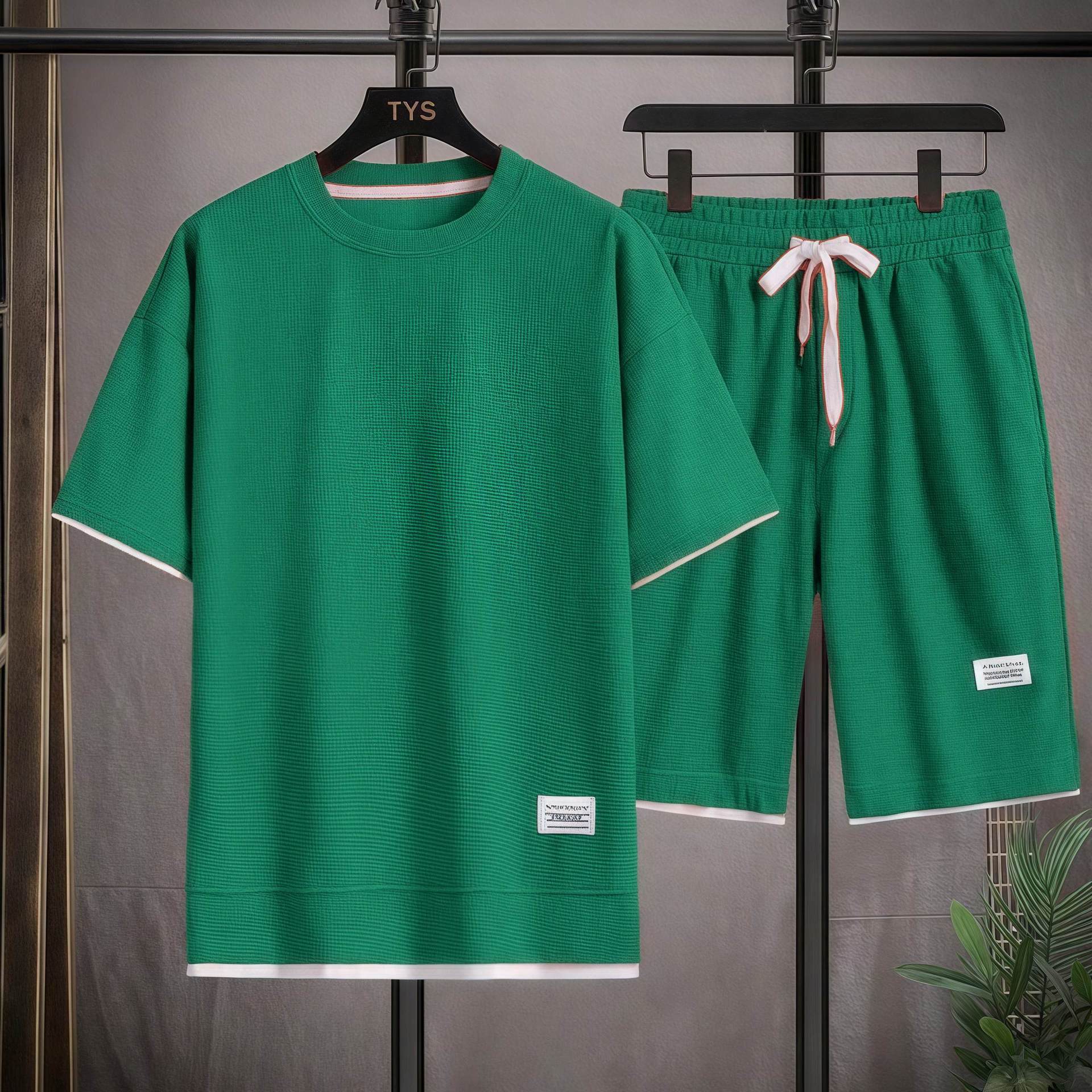 Herren Sommer Sets mit Waffelmuster, lässiges T-Shirt + Shorts Set, männlicher Sportanzug, einfarbig, Trainingsanzug, lockere Anzüge 5XL grün