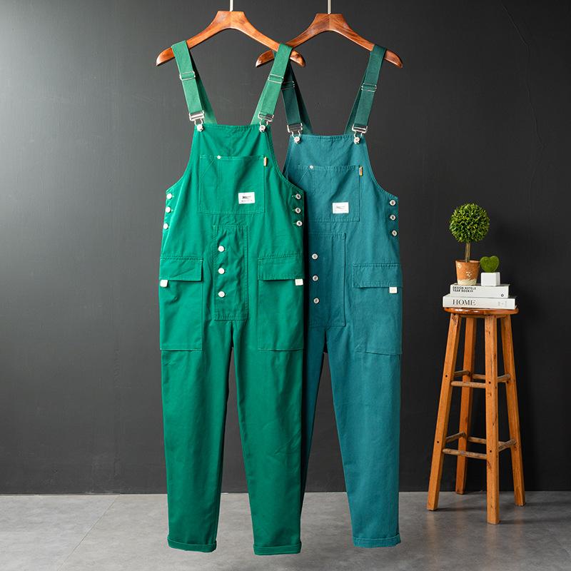 Mode für Männer Jumpsuit Latzhose Einfarbig Jogger Taschen Streetwear Lose Baumwollriemen Hosenträger Herren Cargo Overalls Strampler M grün