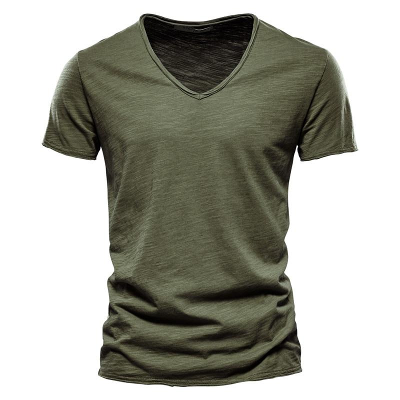 AIOPESON Sommer 100% Baumwolle Elastizität T Shirt Männer Casual Weiche Fitness Shirt Männer T Shirt Tops T Shirts V-ausschnitt kurzarm T-shirt Männer S armee grüne