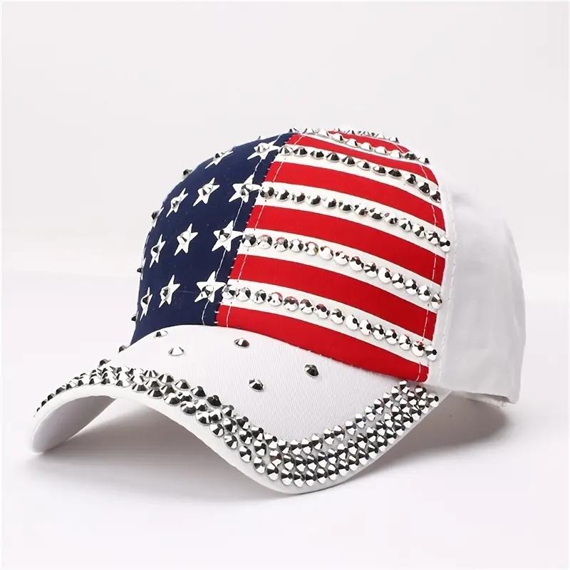 Amerikanische Flagge Baseballkappe Glitzer Nieten Flagge Denim Hip Hop Hut Outdoor Casual Stil Mann Unisex Hut für Frauen Mädchen Adjustable weiß