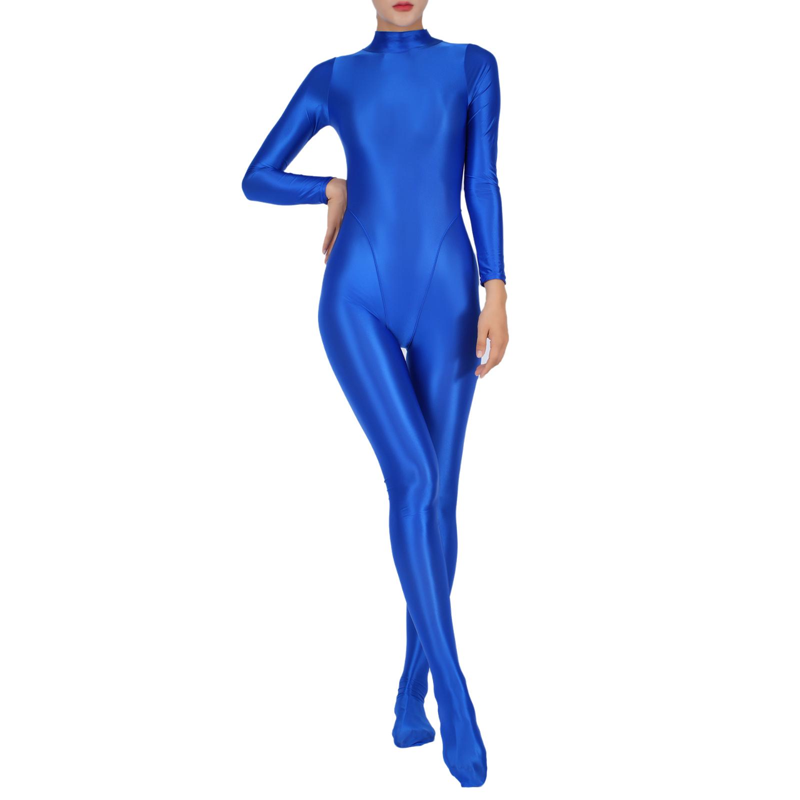 Damen Ganzkörper-Jumpsuit Sport Gym Yoga Tights Bodysuit Rollkragen Langarm Mit Füßen Einteiliger Jumpsuit Clubwear Sportwear M/L blau