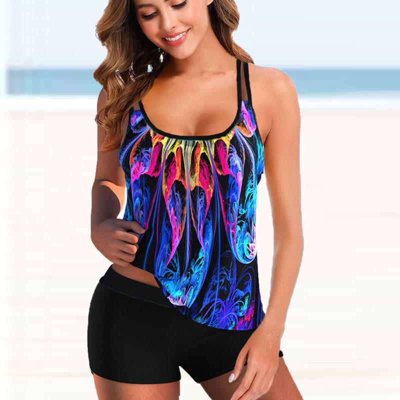 Damen Bademode Tankini 2-teiliger Badeanzug Bunte Schmetterlinge Urlaubsbadeanzüge L dunkelblau