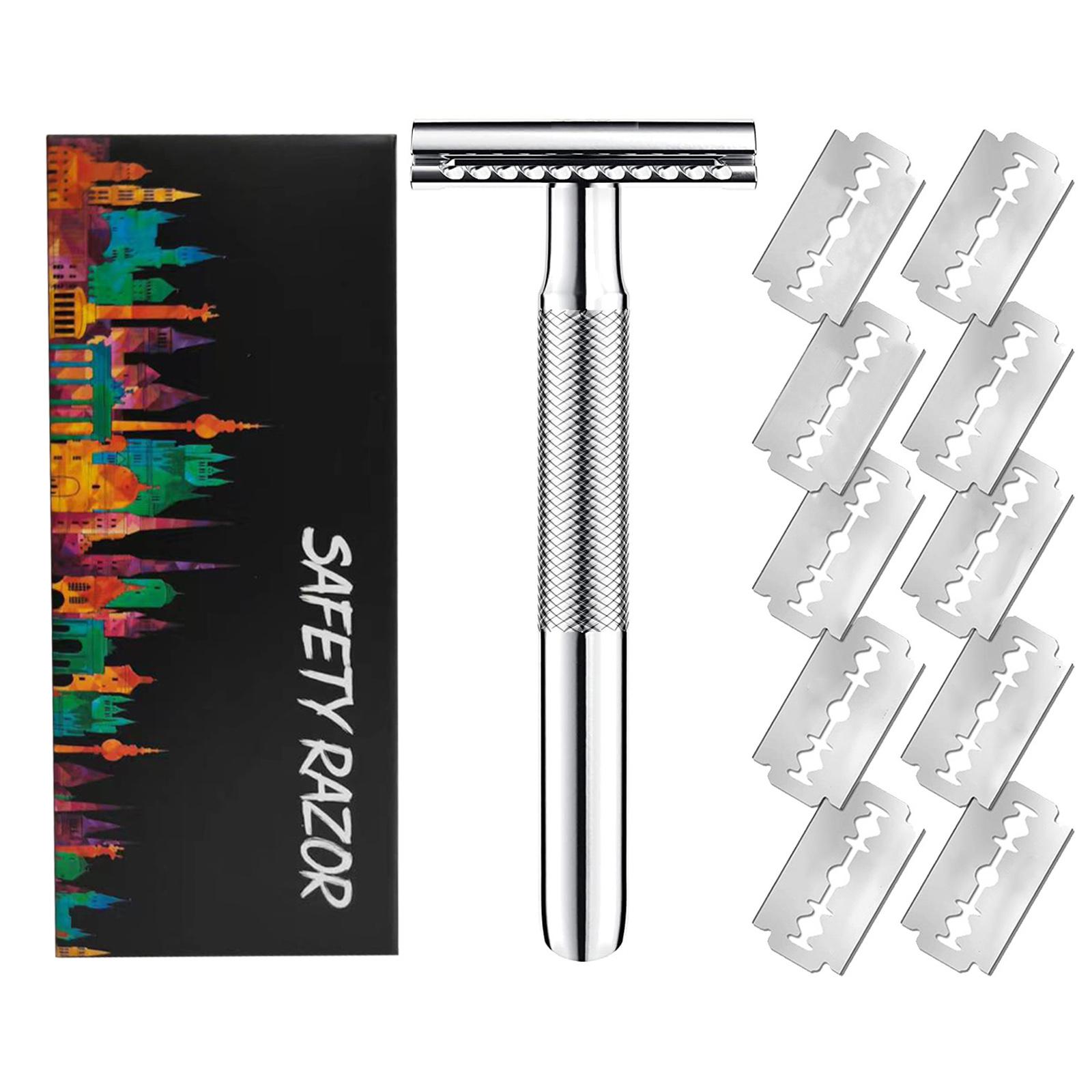 Doppelschneidiger Sicherheitsrasierer für Männer, manueller Rasierer, langer Griff, traditioneller Rasierer mit 10 Stück silber