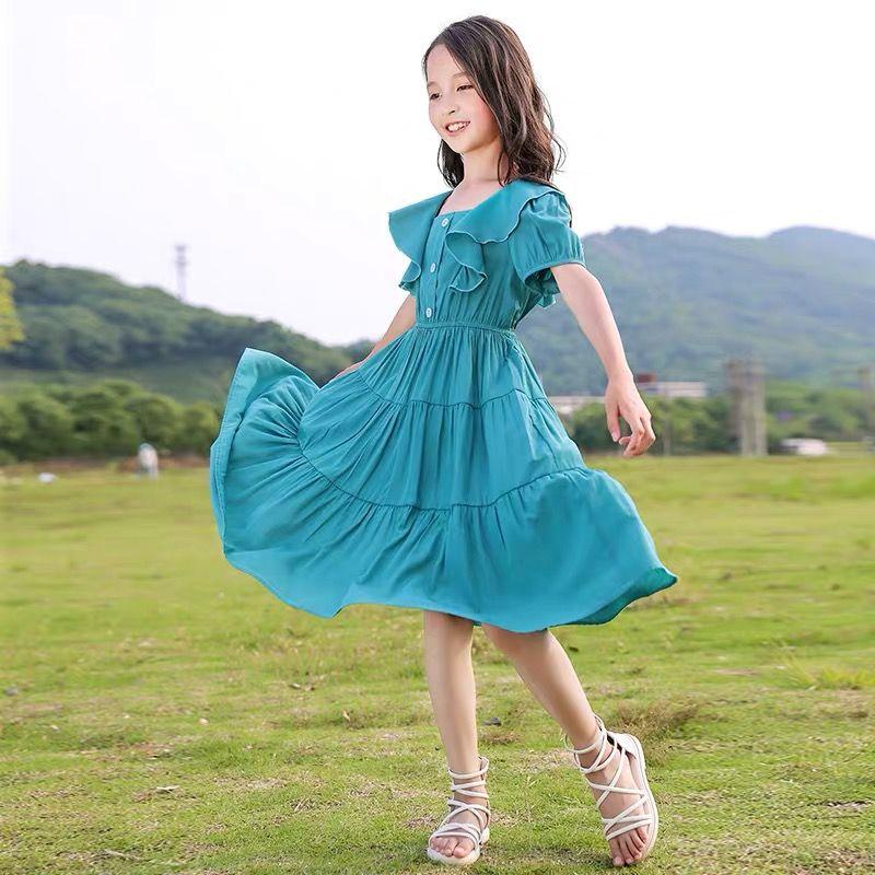 Mädchen Kleider Sommer Kinder Kurzarm Prinzessin Kleider Laterne Ärmel Kuchen Kleider 160 blau