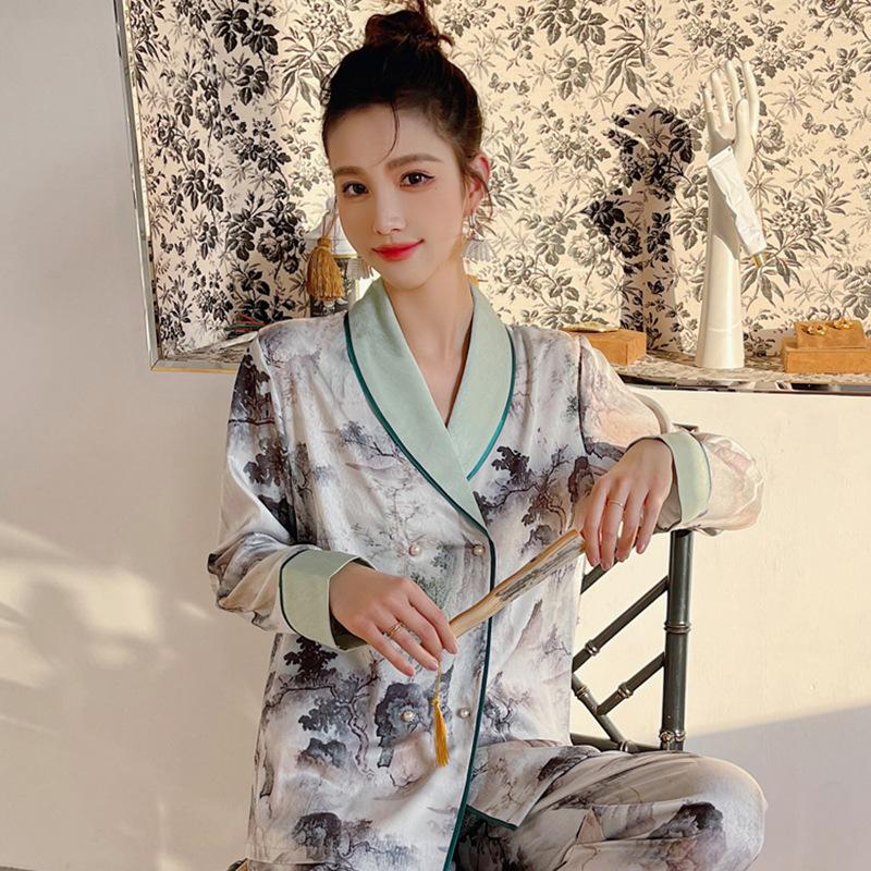 Loungewear aus Eisseide, Pyjama-Set für Damen, bedruckte Lounge-Kleidung, langärmeliges Hosen-Set, lockerer Pyjama, 2-teiliges Pyjama-Set XL